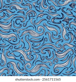 Sea life, underwater seamless repeat pattern. Random placed, hand drawn waves aop, all over print on blue background.