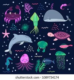 Sea life. Underwater world. Fish, jellyfish, crab, dolphin, squid, whale, tortoise sea horse octopus jellyfish Vector flat illustrations and icon set