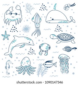 Sea life. Underwater world. Fish, jellyfish, crab, dolphin, squid, whale, tortoise sea horse octopus line art Vector flat illustrations and icon set