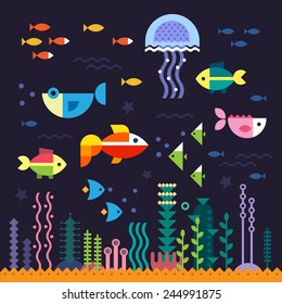 Sea life. Underwater world. Fish, jellyfish, sea bottom, algae, treasure. Vector flat illustrations  and icon set