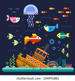 Sea life. Underwater world. Fish, jellyfish, sea bottom, backwaters ship, algae, treasure. Vector flat illustrations  and icon set