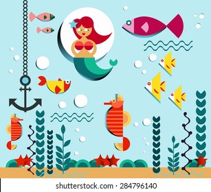 Sea life. Underwater world. Fish, jellyfish, sea bottom, backwaters ship, algae, treasure. Vector flat illustrations  and icon set. Mermaid. The graphics for games