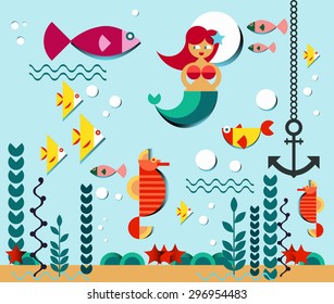 Sea life. Underwater world. Fish, jellyfish, sea bottom, backwaters ship, algae, treasure. Vector flat illustrations  and icon set. Mermaid. The graphics for games