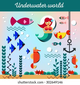 Sea life. Underwater world. Fish, jellyfish, sea bottom, backwaters ship, algae, treasure. Vector flat illustrations  and icon set. Mermaid. The graphics for games