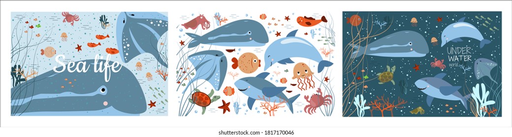 Sea life. Underwater world. set. whale, shark, dolphin, crab, starfish, algae, jellyfish, stingray. children's wallpaper. Vector flat illustrations