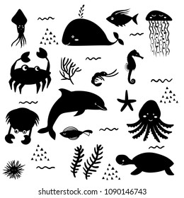 Sea life. Underwater world. Silhouette of Fish, jellyfish, crab, dolphin, squid, whale, tortoise, sea horse, octopus, seaweed, starfish, sea urchin. Vector illustrations