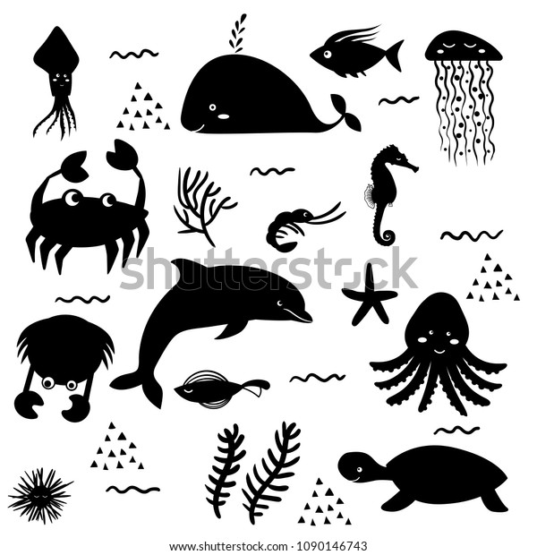 Sea Life Underwater World Silhouette Fish Stock Vector (Royalty Free ...