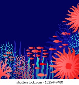 Sea life underworld background. Ocean environment - fish, coral reef, weeds, plants. Deep navy blue color. Open composition frame design. Marine under water border. Text place. For banner, card, web.