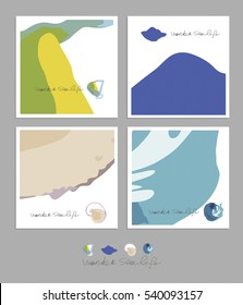 sea life vector abstract card set shell art illustration watercolor colorful