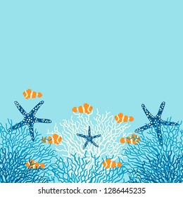 Sea life vector background with coral, fish and starfish on a blue background.