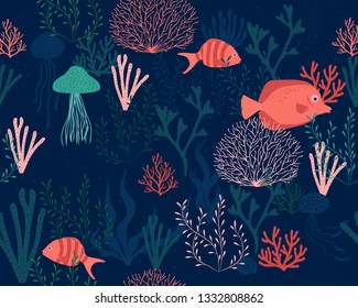 Sea life vector  background - seamless pattern included