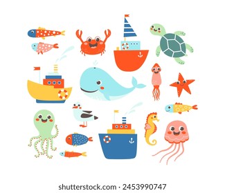 In: Sea Life Vektorgrafik Kollektion. Cartoon Quallen, Fisch, Krabbe, Seepferdchen, Tintenfisch, Möwe, Wal, und Schiffe isoliert auf einem weißen Hintergrund. 
