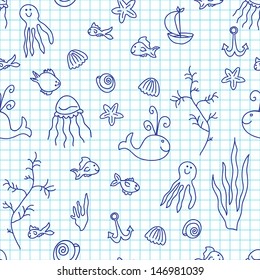 Sea life vector doodle seamless pattern