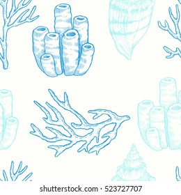 Sea life. Vector hand drawn graphic illustration. Marine seamless pattern