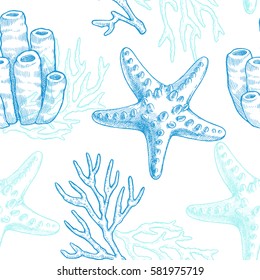 Sea life. Vector hand drawn vintage illustration of sea star, sponge and sprigs of coral. Marine seamless pattern
