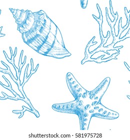 Sea life. Vector hand drawn vintage illustration of starfish, seashell and sprigs of coral. Marine seamless pattern
