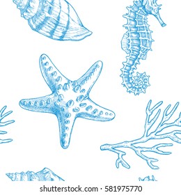 Sea life. Vector hand drawn vintage illustration of seahorse, starfish, shell and sprigs of coral. Marine seamless pattern