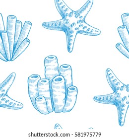 Sea life. Vector hand drawn vintage illustration of sea star and sponge. Marine seamless pattern