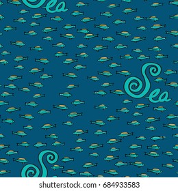 Sea life. Vector hand drawn illustration of seahorse, starfish,  jellyfish; Oyster ,sprigs, Marine seamless pattern