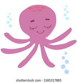 Sea life. Vector illustration. Colored Underwater world, marine animals. Cute bright octopus Isolated on white background