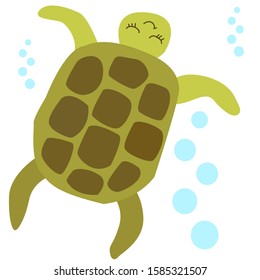 Sea life. Vector illustration. Colored Underwater world, marine animals Cute cartoon turtle. Isolated on white background