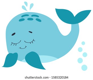 Sea life. Vector illustration. Cute big blue whale. Colored Underwater world, marine animals. Isolated on white background