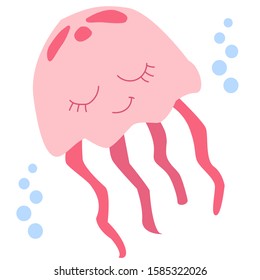 Sea life. Vector illustration. Cute pink jellyfish. Colored Underwater world, marine animals. Isolated on white background