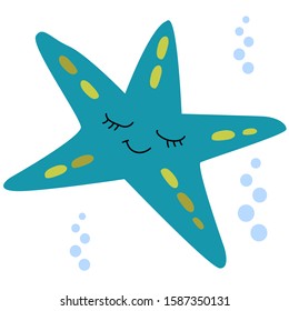 Sea life. Vector illustration. Cute blue starfish. Colored Underwater world, marine animals. Isolated on white background
