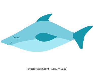 Sea life. Vector illustration. Cute blue shark. Bright colors. Underwater world, marine animals. Hand drawn cute.  Isolated on white background