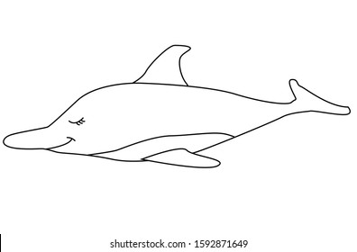 Sea life. Vector illustration. Cute dolphin. Best for children coloring. Black and white. Stroke. Underwater world, marine animals. Hand drawn cute.  Isolated on white background