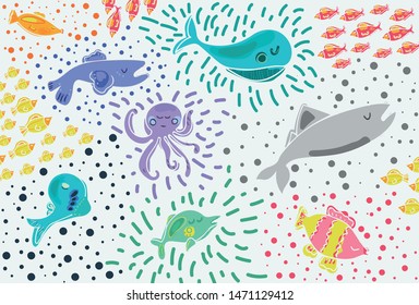 Sea life vector ocean world animals and fishes background. Cute kids pattern for textile and fabric. Bright wallpaper with colorfl dots and lines. Children wrapping paper.