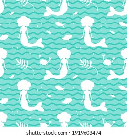 Sea life vector seamless pattern background with fishes, crabs, sea weed, mermaid silhouettes.

