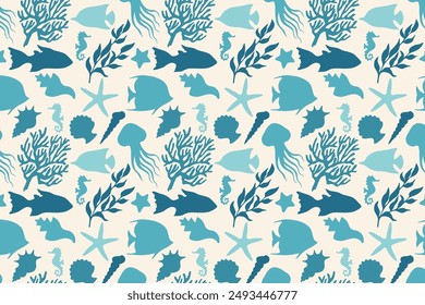 Sea life vector seamless pattern. Underwater life silhouette.