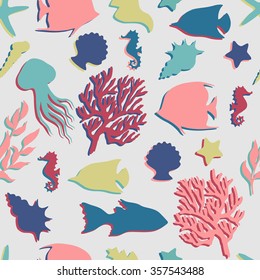 Sea life vector seamless pattern. Underwater life silhouette.