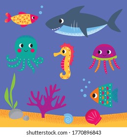 Sea life , vector set (fishes, shark, octopus, jellyfish, sea horse)