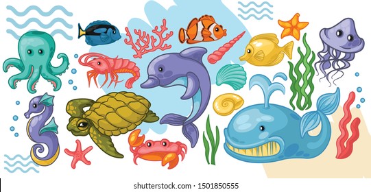 Sea life vector set. Vector illustrations of marine animals: whale, octopus, jellyfish, sea horse, crab, fish