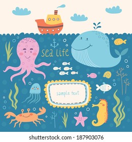 Sea life vector set. Vector illustrations of marine animals: whale, octopus, jellyfish, sea horse, crab, fish