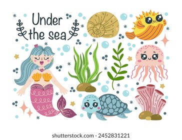 Sea Life Vektorgrafik Set. Meeresgeschöpfe - süße Schildkröte, kleine Meerjungfrau, Kugelfisch, lustige Qualle. Unterwassertiere auf dem Meeresboden zwischen Algen, Korallen, Muscheln, Seesterne. handgezeichneter Clipart