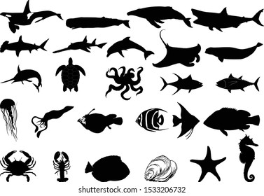 Sea life vector silhouette isolated