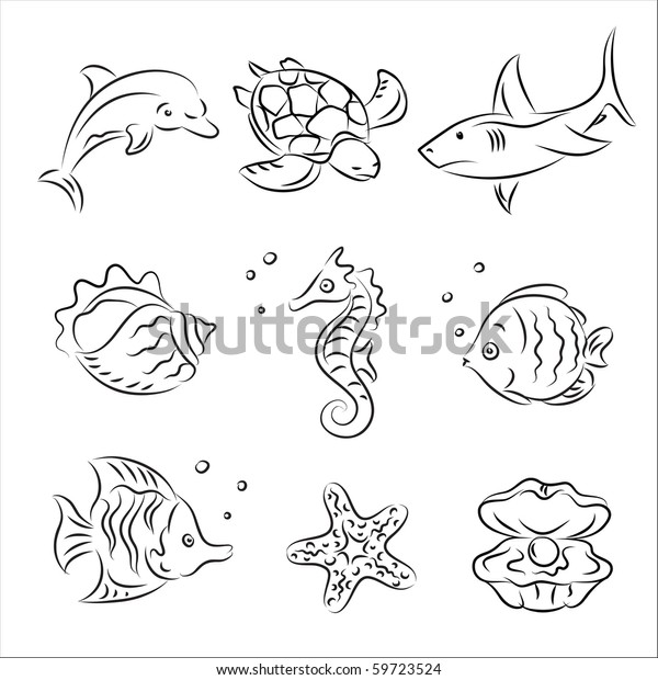 Sea Life Vector Sketch Set Stock Vector (Royalty Free) 59723524