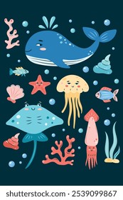 Sea Life Vertical poster on dark background. Set of sea animals. Characters in children's style. vector illustration.