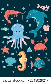 Sea Life Vertical poster on dark background. Set of sea animals. Characters in children's style. vector illustration.