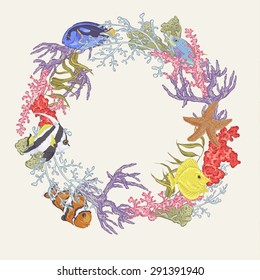 Sea life Vintage Round Frame with Fish and Seaweed. Love You with Place for Your Text. Underwater Vector Illustration