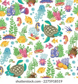 Sea life wallpaper. Underwater world seamless pattern. Fish, crabs, turtles, algae vector