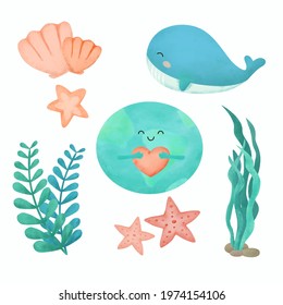 Sea life watercolor drawing with Under the sea set cute whale, marine plants and wreaths, shell and star fish, vector illustration