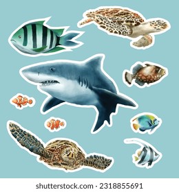 sea life watercolor sticker collection