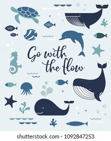 Sea life, whales, dolphins illustrations, banner and poster design
