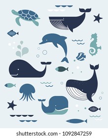 Sea life, whales, dolphins illustrations, banner and poster design