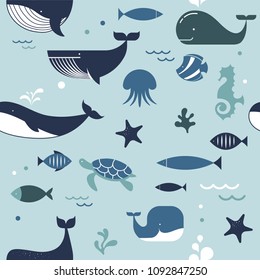 Sea life, whales, dolphins and sea stars seamless pattern