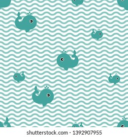 Sea life, whales on the blue waves. Pattern Vector illustration